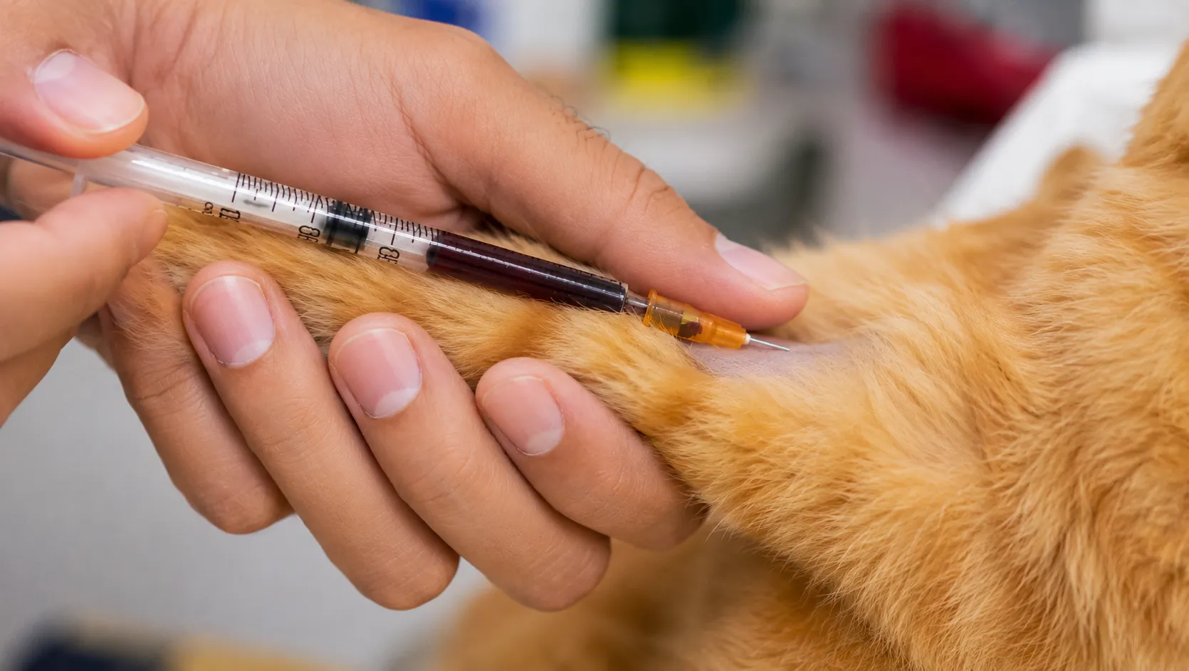 Veterinário realizando coleta de sangue em gato durante exame veterinário domiciliar em Fortaleza.