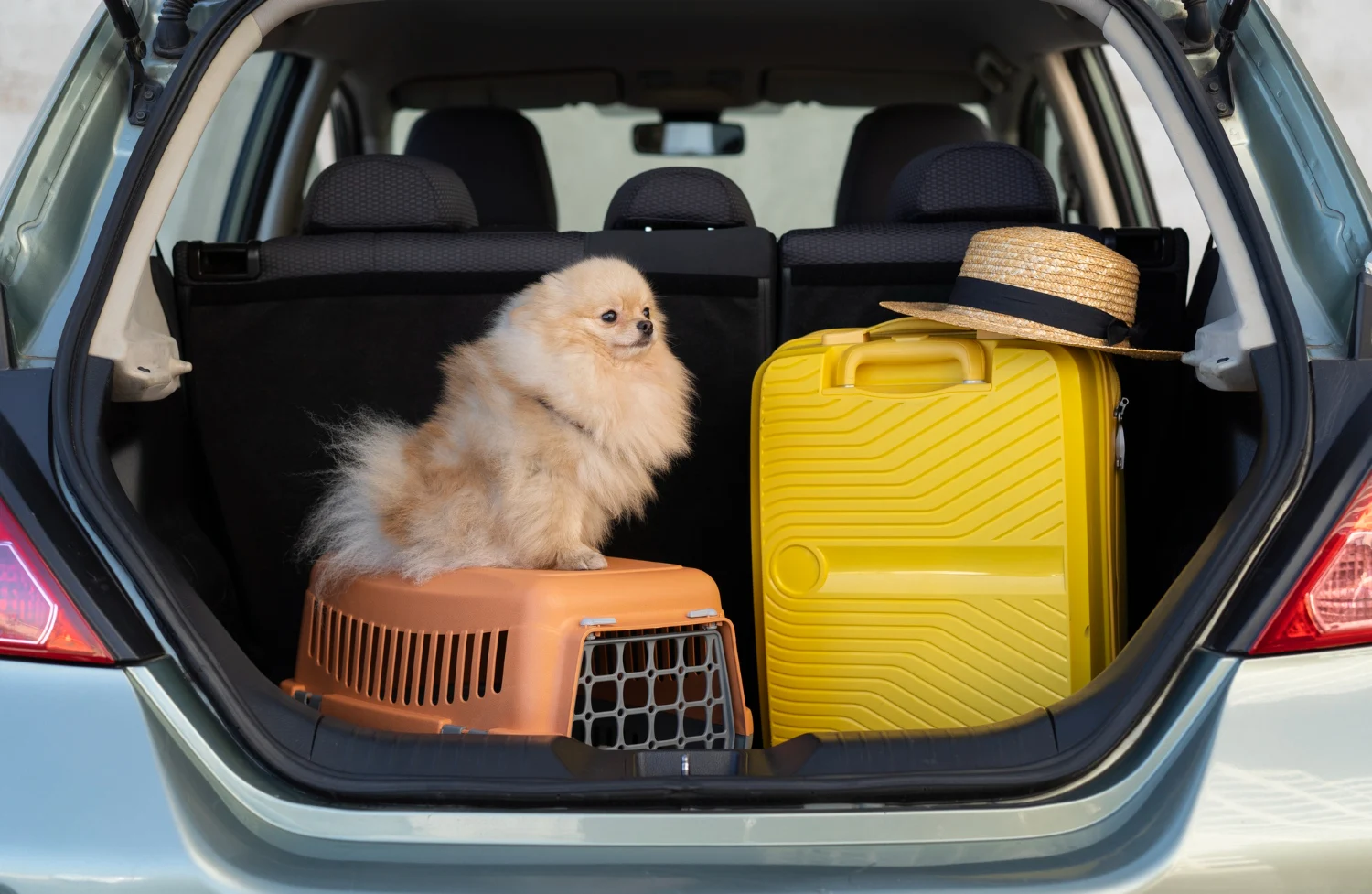 Cachorro ao lado de caixa de transporte e mala durante preparação para viagem com atestado de saúde animal.