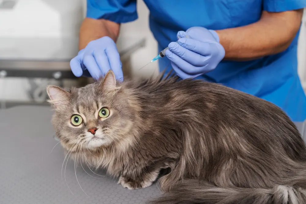 Veterinário preparando vacinação em gato durante atendimento veterinário em Fortaleza.